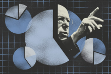Illustration of man poitnting among a series of pie charts. Credit: Joan Wong/Getty